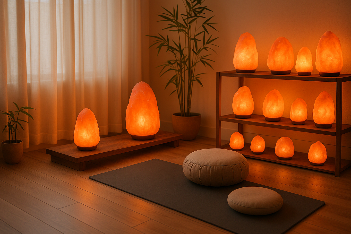 pink salt lamp display in yoga meditation